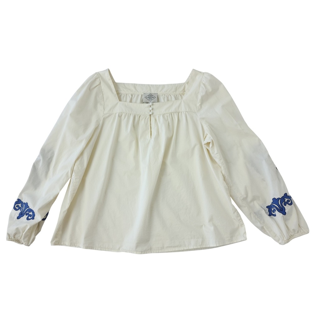 St John's Bay Womens XL Off White Blue Embroidered Peasant Blouse Square Neck